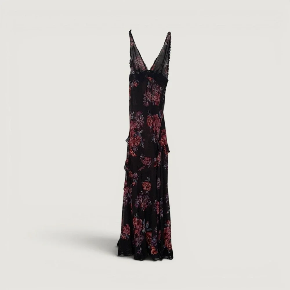 NWT Intimately Free People Sheer Black Floral Nightgown Lace Maxi Size XS